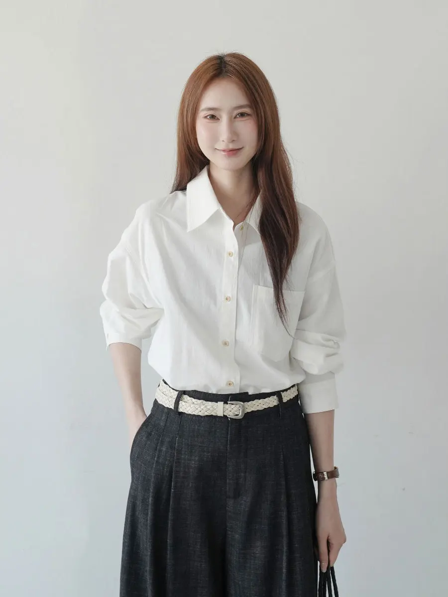 

Early Spring Simple Sle White Collar Long Sve Outerwear Design irt Women Commute Versatile Loose Top