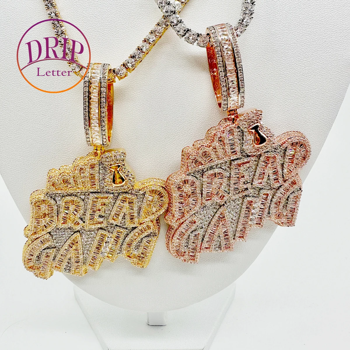 

Drip Letter Iced Out Pedant Bread Gang Necklace for Men Cubic Zirconia Baguette Double Color Hip Hop Jewelry