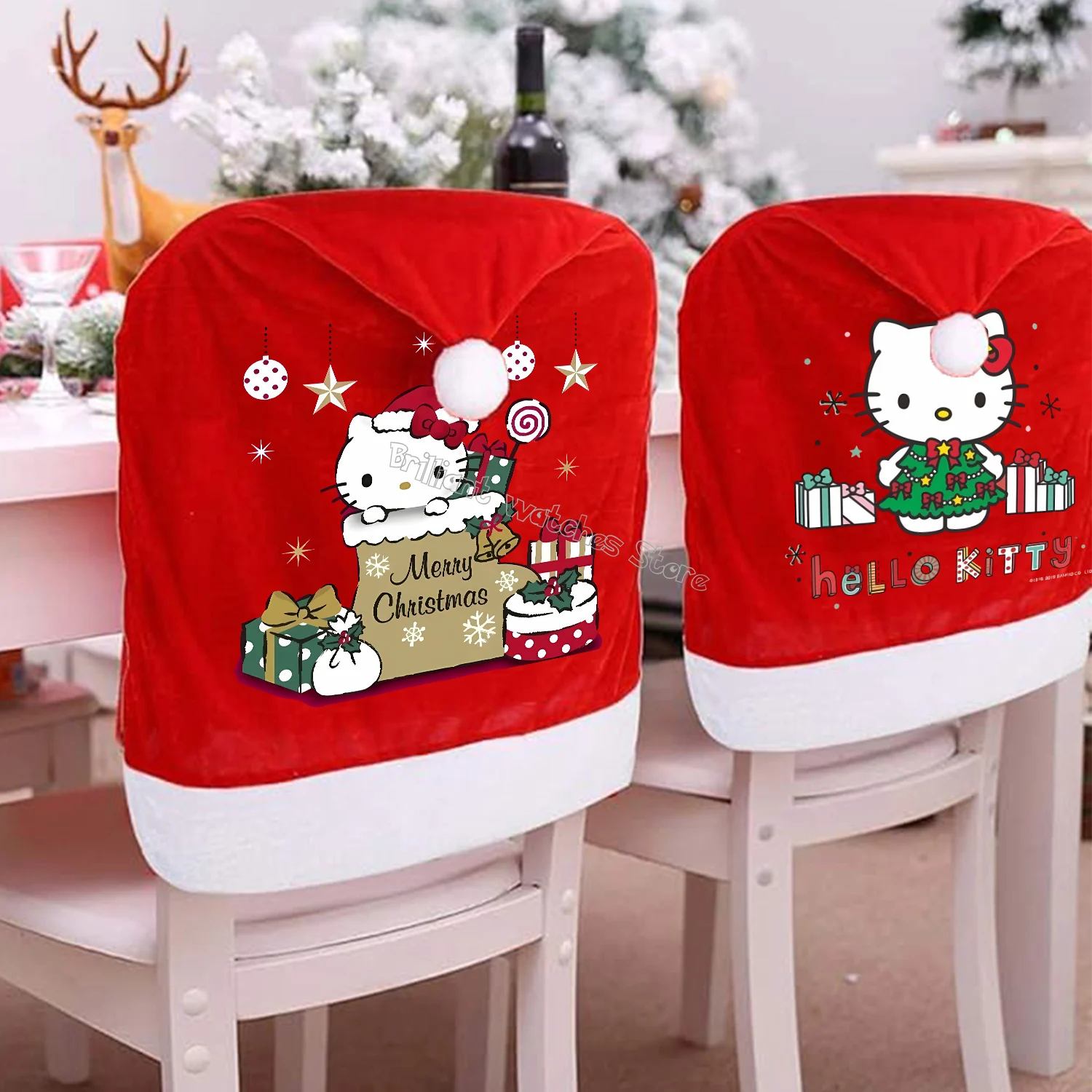 Hello Kitty sombrero de Navidad fundas para sillas festivales de dibujos animados decoración del hogar nueva sala de estar adorno de Navidad funda con respaldo regalo para niños