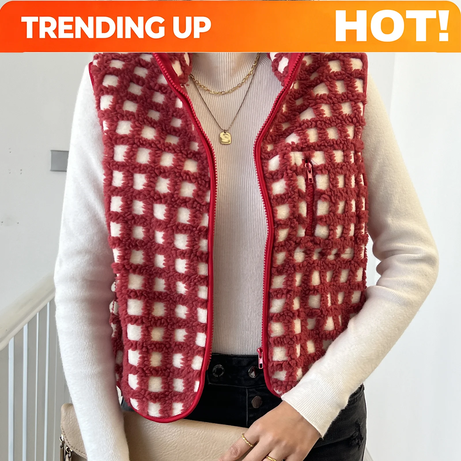 Women’s Fuzzy Checkered Vest Sleeveless Stand Collar Zip Up Vest Jacket Loose Spring Fall Warm Outwear
