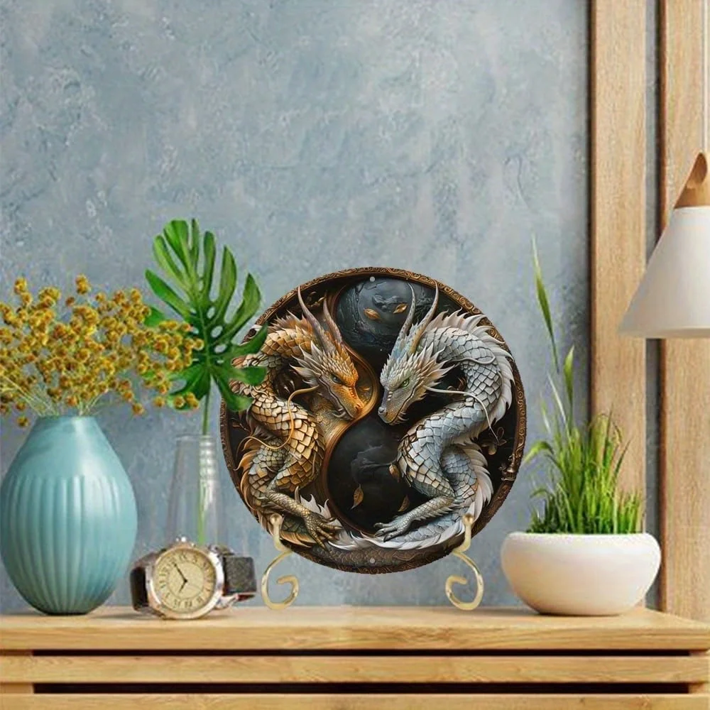 Tanda datar aluminium bulat 2D, dekorasi pintu seni dekorasi naga, seni dinding gantung, ornamen gantung, kamar, rumah, dekorasi dinding