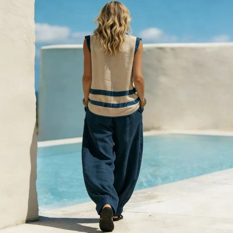 

Elegant Lady Vacation Pocket Pants Outfits Fashion V-neck Sleeveless Vest&Pants Sets Summer Casual Loose Commute Two Piece Sets