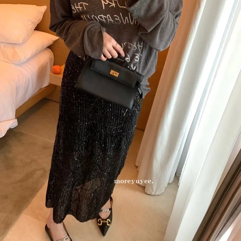 

Korea Fashion Sequin Skirts Female 2023 New Elastic High Waist Trend Party Mid-length Skirt Design Sense All-Match Women Clothin