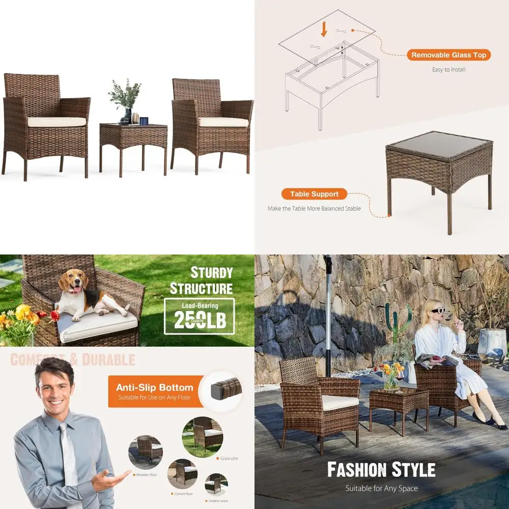 

3-Piece Outdoor Furniture Set with Cushions, Glass Table, Weather-Resistant Wicker