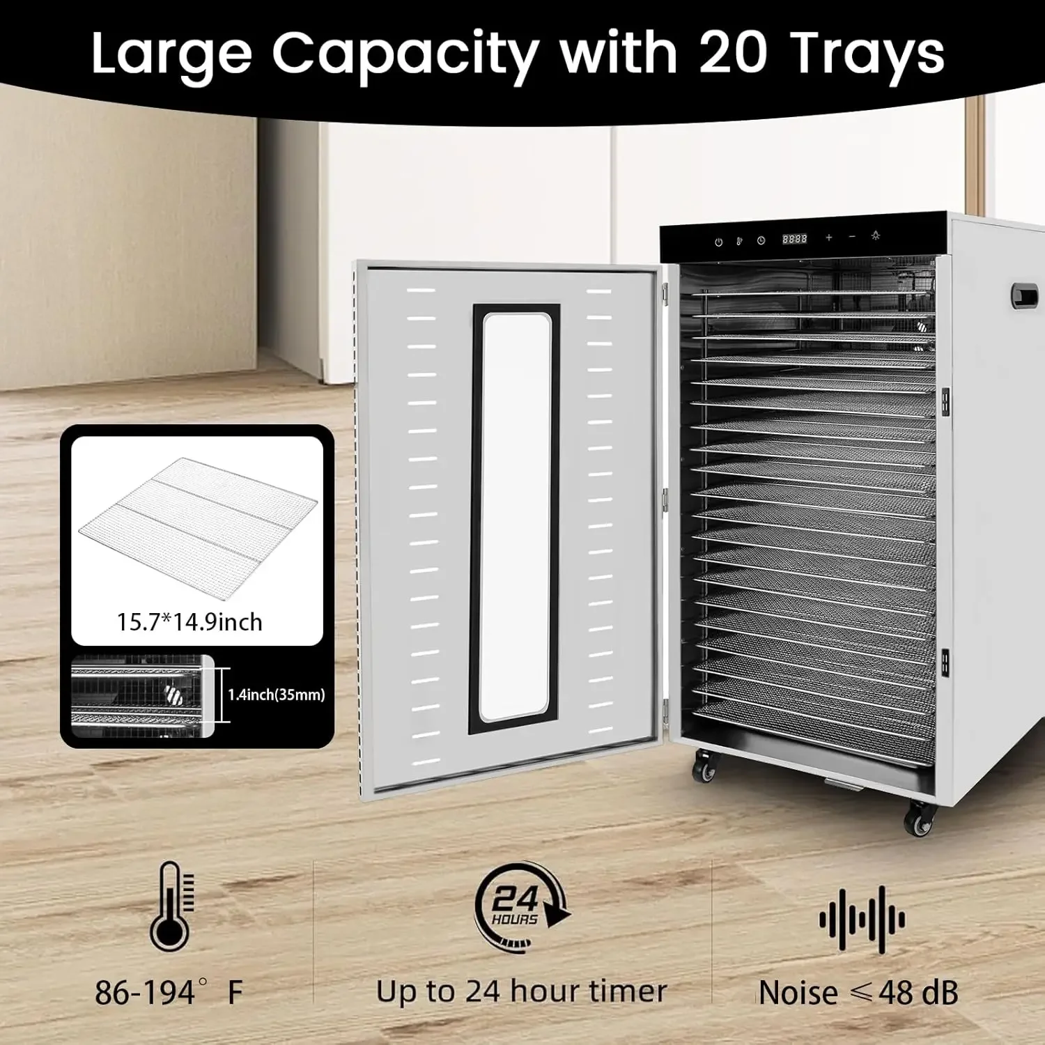 Commercial Food Dehydrator for Jerky Large Drying Space with 20 Stainless Steel Trays 1700W Dehydrated Dryer 24H Timer