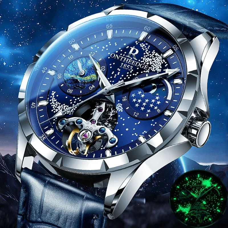 

2 Time Zones Moon Phase Tourbillon Automatic Watch for Men Starry Sky Mens Watches Mechanical Wristwatch Man Waterproof Watches