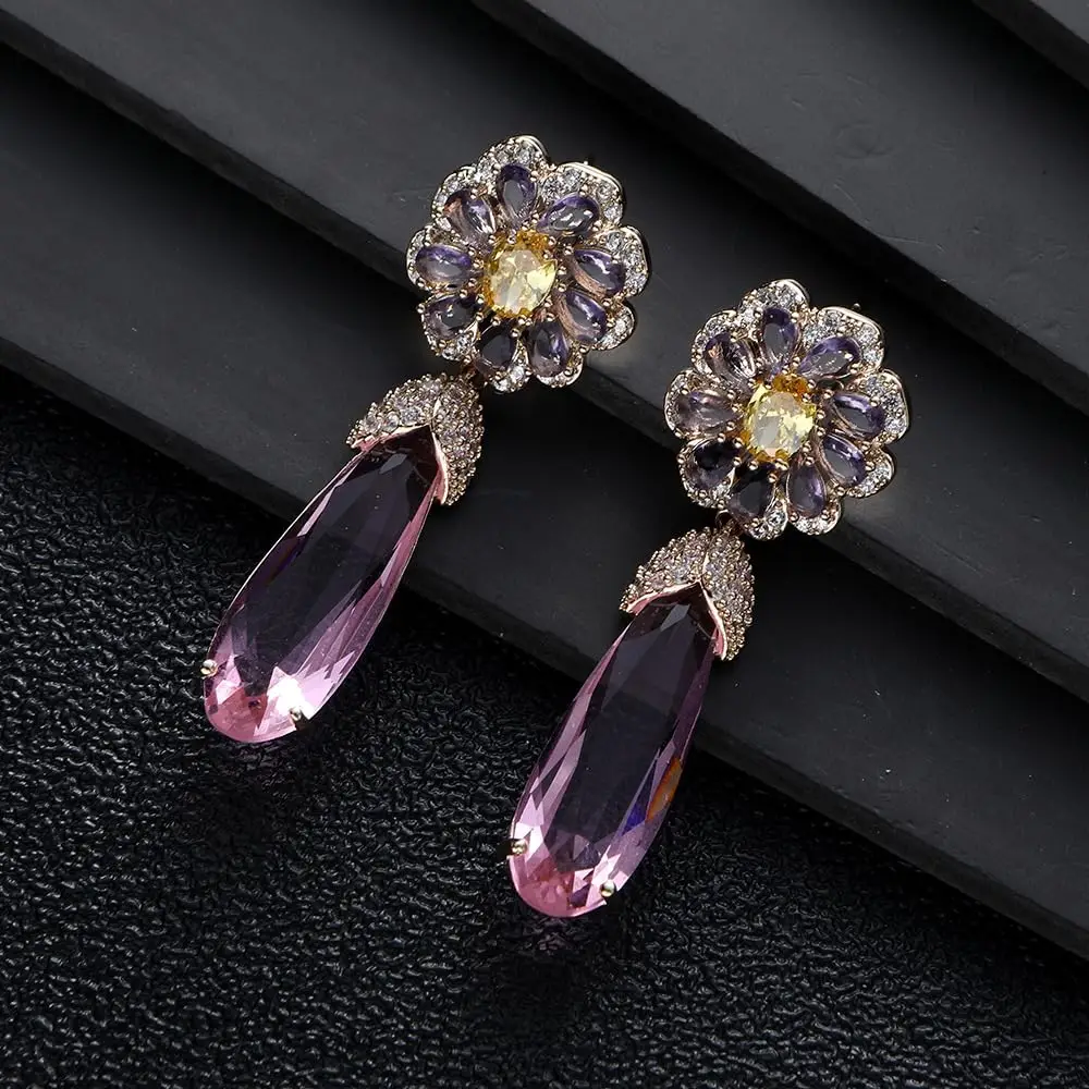 EVACANDIS Crystal Flower Daisy Pink Yellow Colorful Handmade Gemstone Gold Plated Drop Dangle Earrings for Women Wedding Sliver