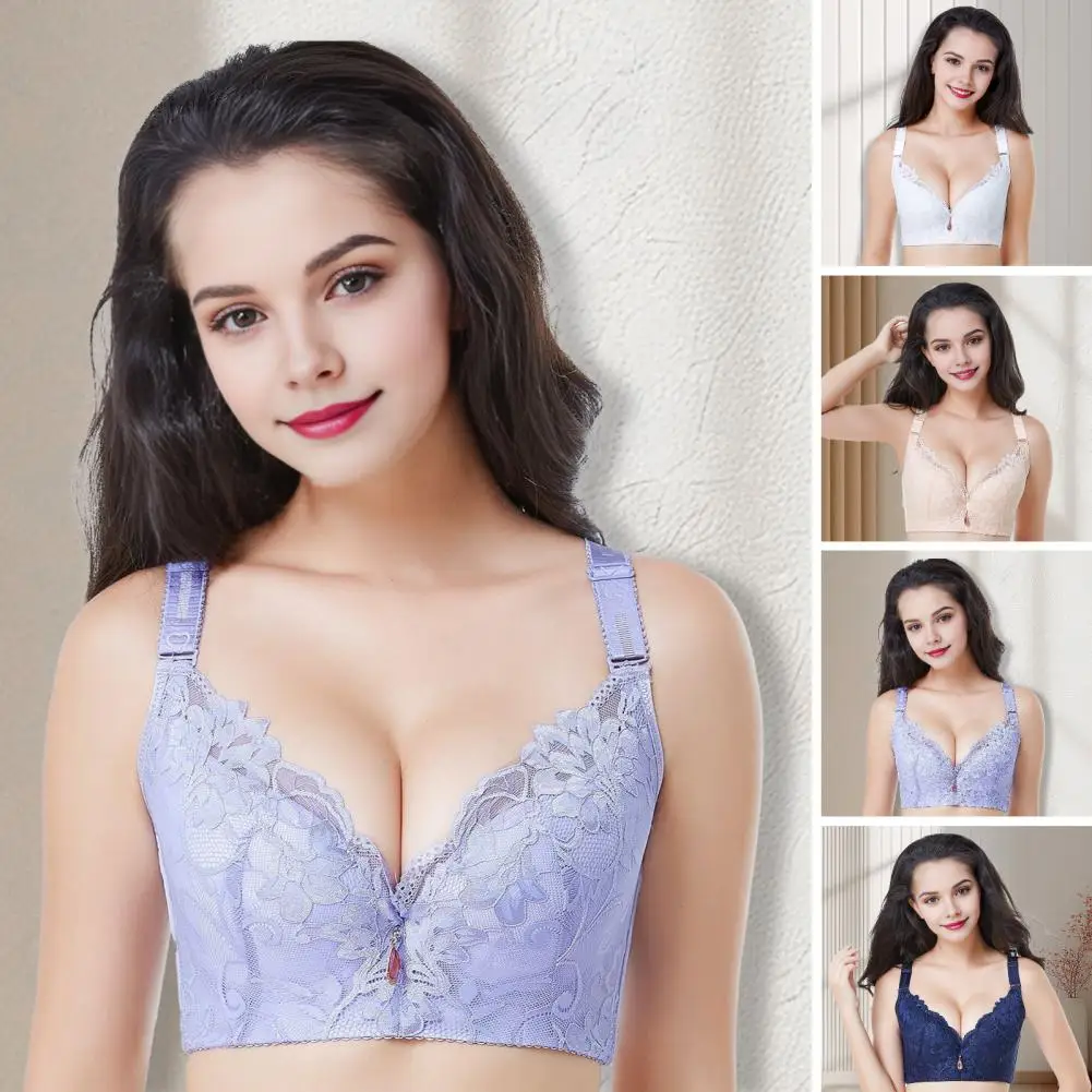 Women Bra Adjustable Strap Solid Color Lace Floral Embroidery Plus Size Maximum Comfort Shockproof Push-up Anti-snagging Wireles