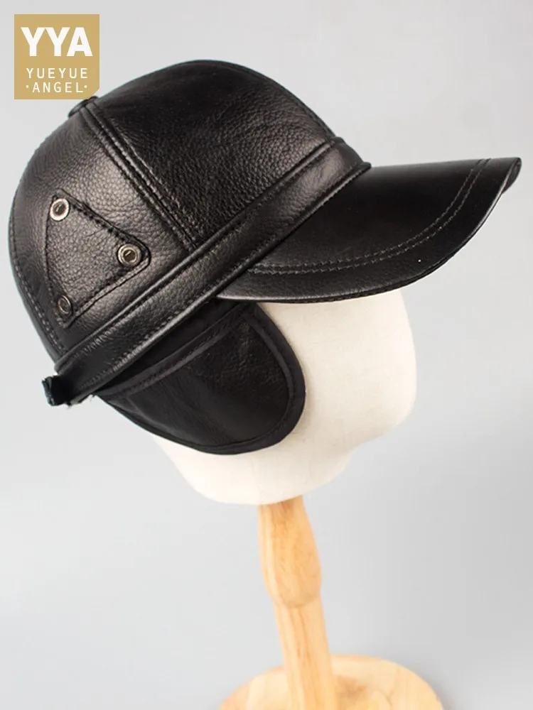 

Autumn Men Ear Protection Genuine Leather Baseball Cap Real Sheepskin Windproof Peaked Cap Winter Thick Casual Visors Hat