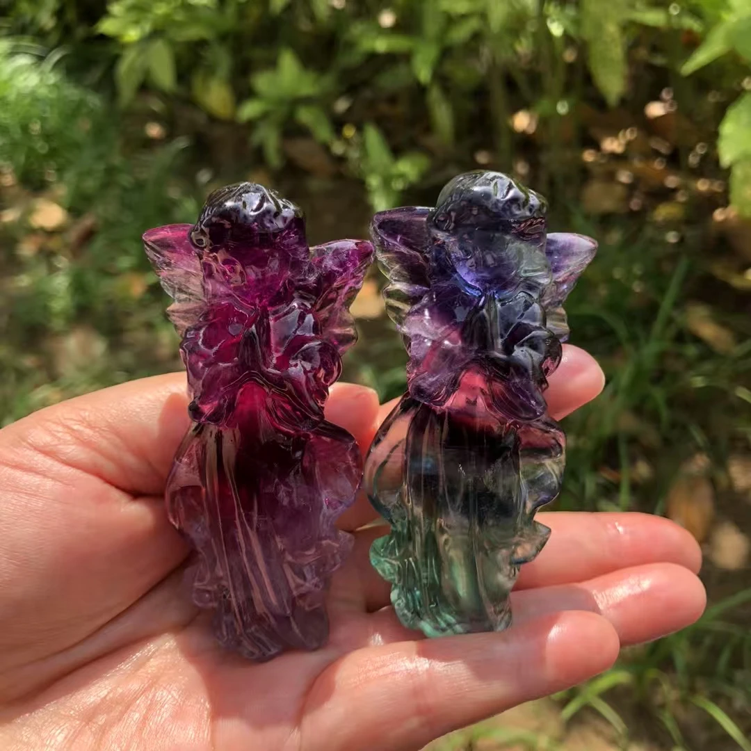 1PCS 8-9CM Natural Rainbow Fluorite Angel Carving Polished Healing Energy Stone Aesthetic Room Decor Gift