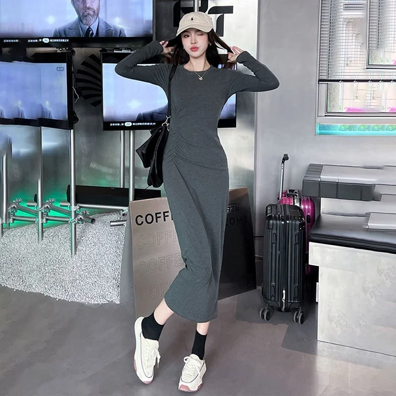2023 New Autumn Long Sleeve Pleated Waist Casual Dress Women  Long Knee Fit Wrap Hip Dress Made of Pure Cotton and Versatile