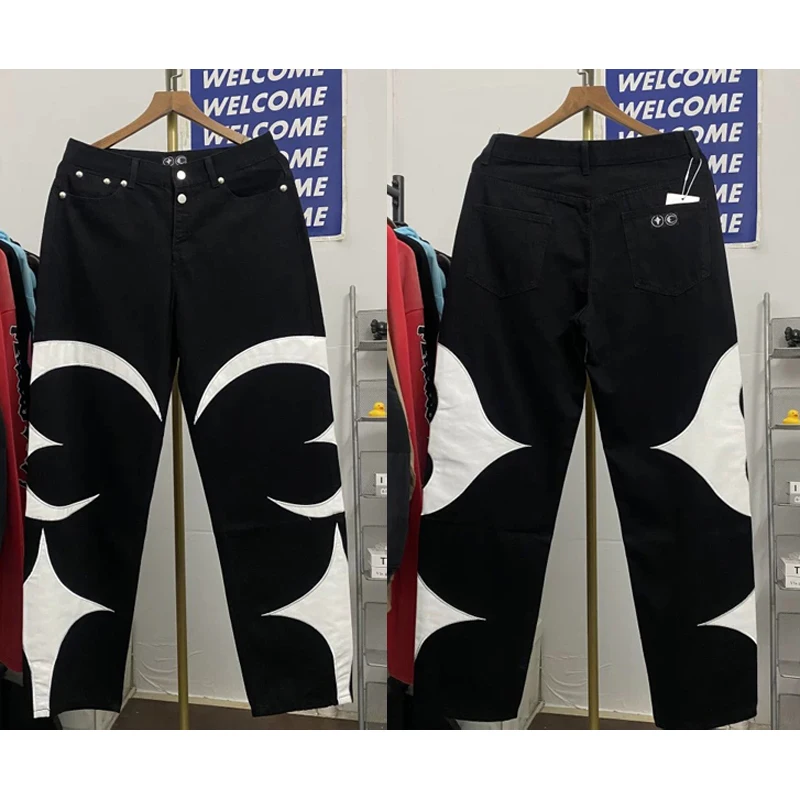 

Trend Brand Thug Club Jeans Leather Embroidery Pattern Loose Straight-leg Pants Street Harajuku StyleTHUG CLUB Denim Trousers