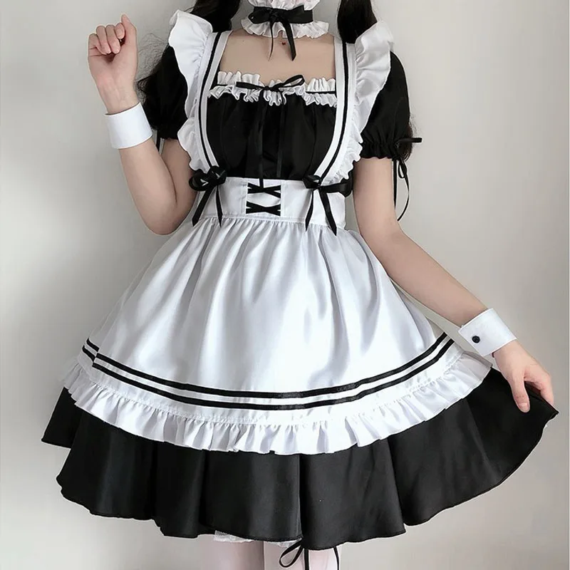 Kawaii Meid Kostuum Lolita Cosplay Anime Sexy Jurk Schattig Japans Meisje Korte Mouw Gegolfd Schort Jurk Pak Schoolmeisje Cosplay