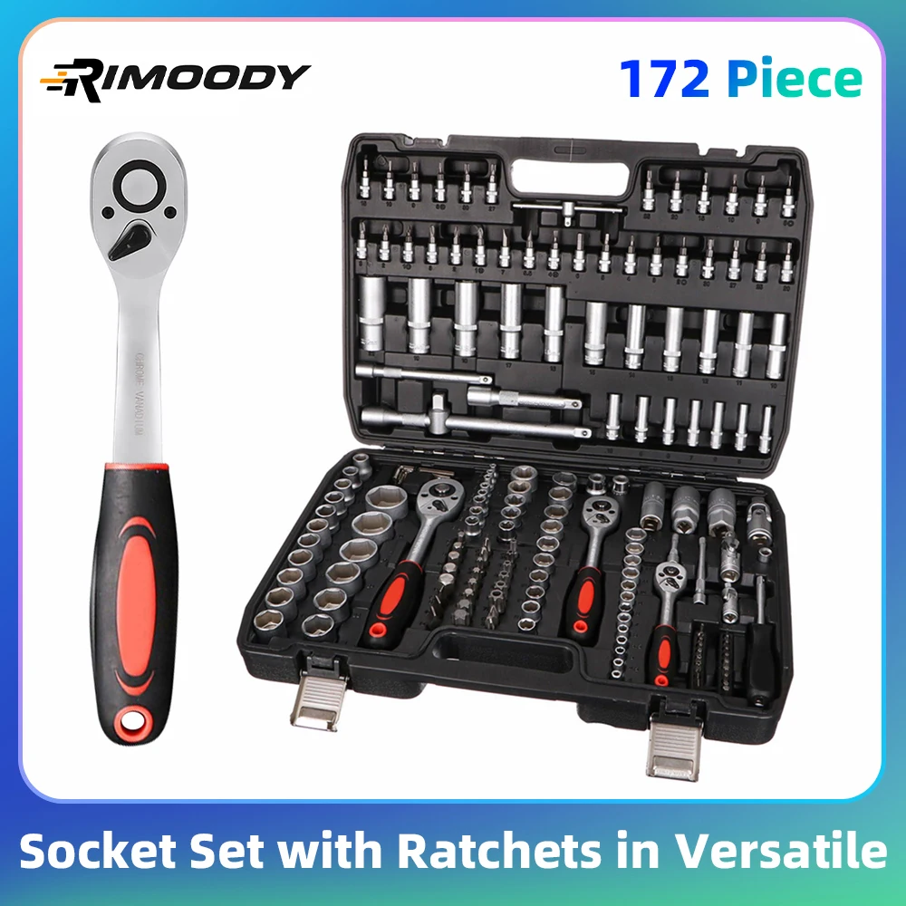 Rimoody Kit d'outils de clé à cliquet Jeu de douilles 172 pièces avec cliquets en un ensemble polyvalent de 172 pièces adapté à n'importe quel atelier ou au garage