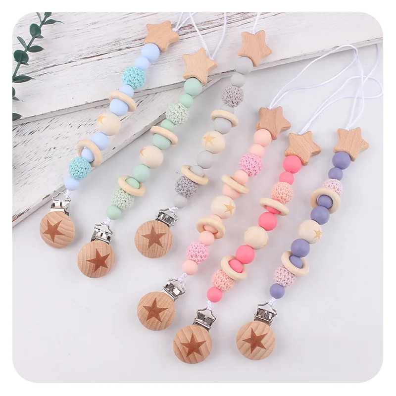 

ABCPICK children's products Beech wood star round hole clip creative pacifier chain silicone bite toy anti drop chain for babies