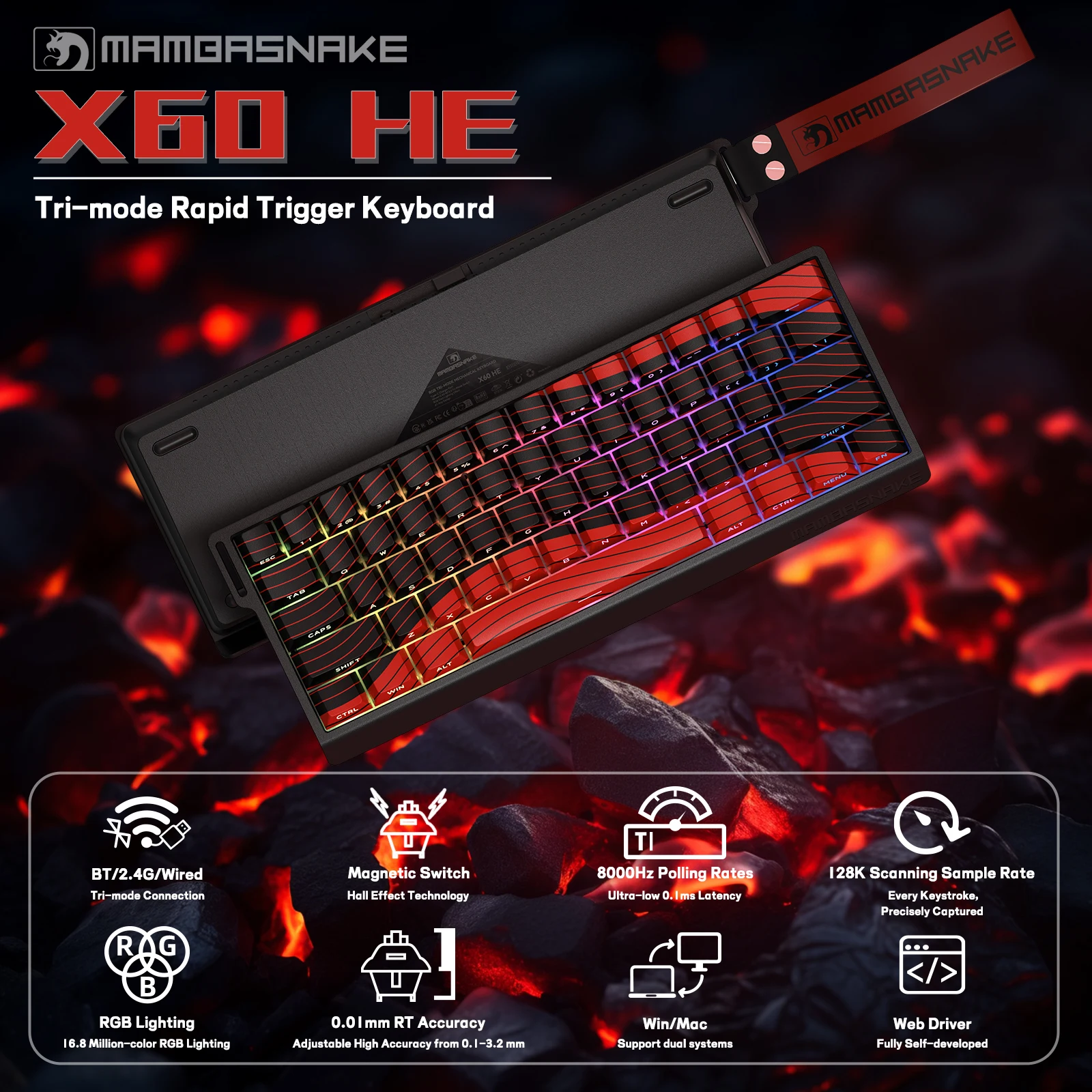 MAMBASNAKE X60HE Rapid Trigger Wireless Gaming Keyboard, 0.01mm RT