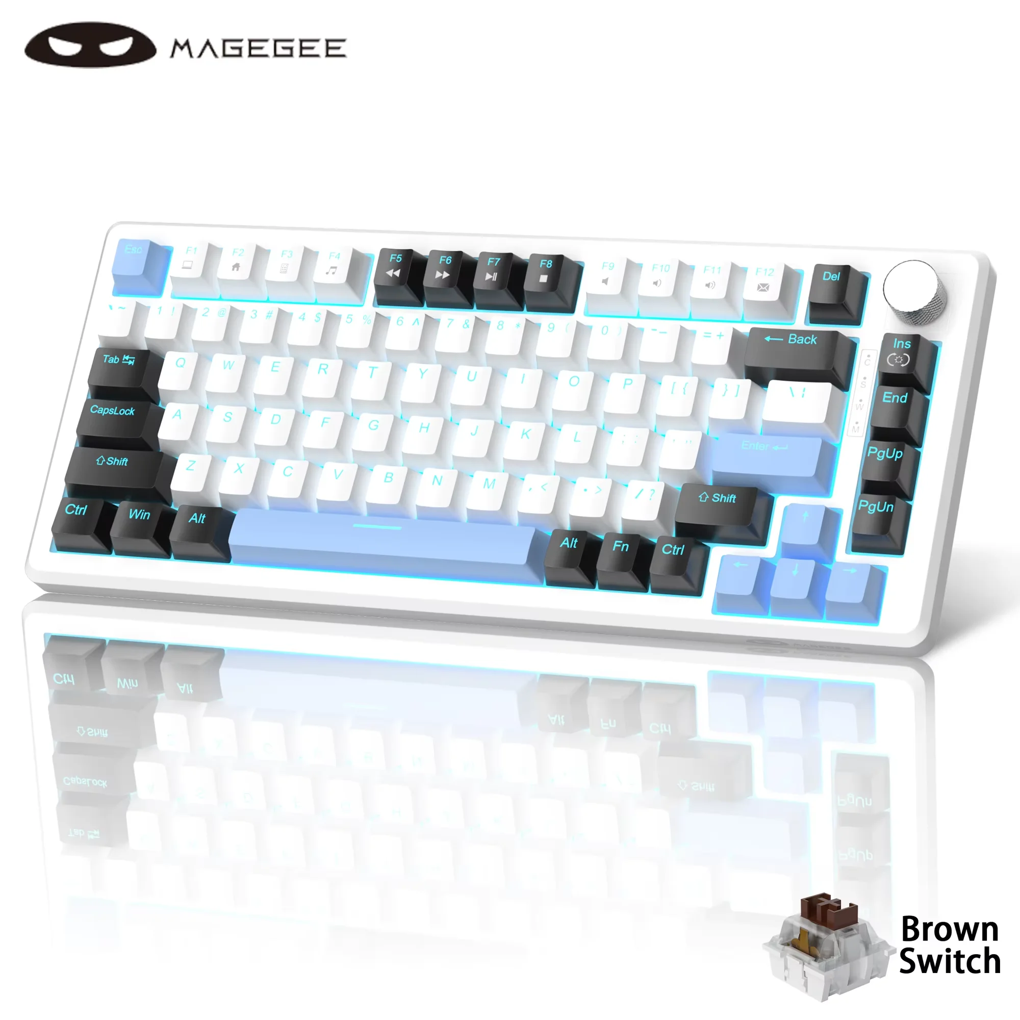 MageGee 75% mechanisch gamingtoetsenbord met knopbediening, blauw verlicht bedraad gamingtoetsenbord rood/gele schakelaar voor pc Windows