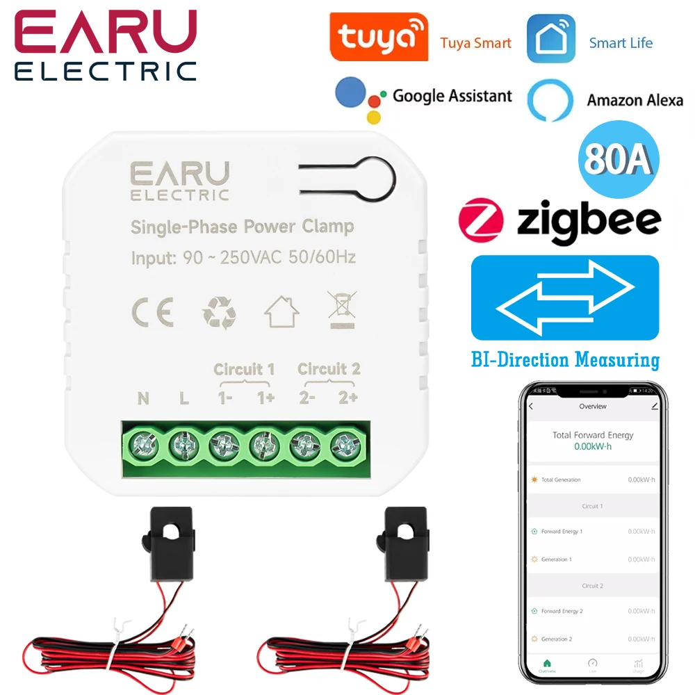 medidor de energia tuya smart zigbee bidirection canais com transformador de corrente clamp app potencia do monitor ca 80v250v 50 60hz 80a 01