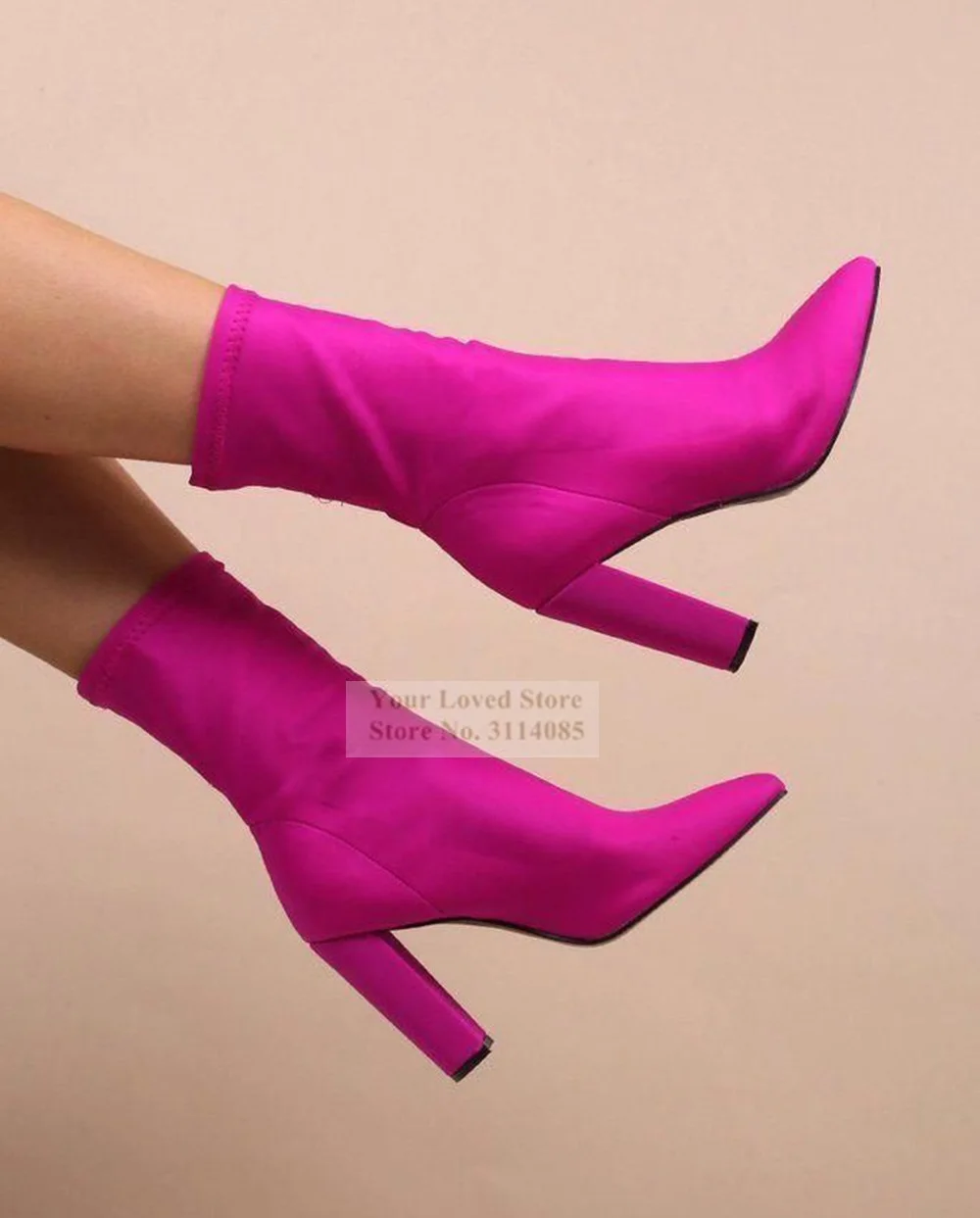 Women Hot Pink Satin Cloth Chunky Heel Mid-Calf Boots Pointed Toe Block Heels Middle Boots Lycra Fabrice Elegant Dress Shoes