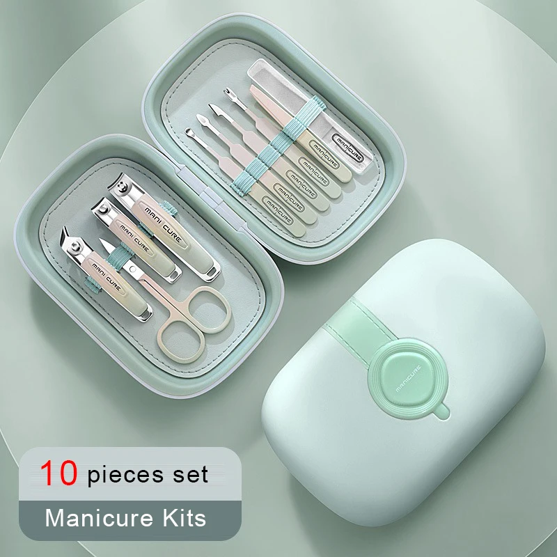 Conjunto de cortadores de unhas de aço inoxidável para manicure profissional, kits de manicure para embalagem de ideias, tesoura empurrador de cutícula, ferramentas de maquiagem com 10 peças