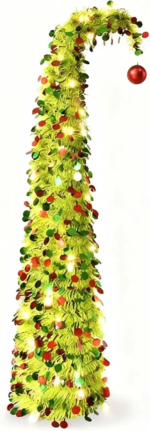 

Рождественская елка с мишурой длиной 5 футов с 50 светодиодными фонарями, верхом из красного шара, тонким праздничным декором в помещении и на открытом воздухе