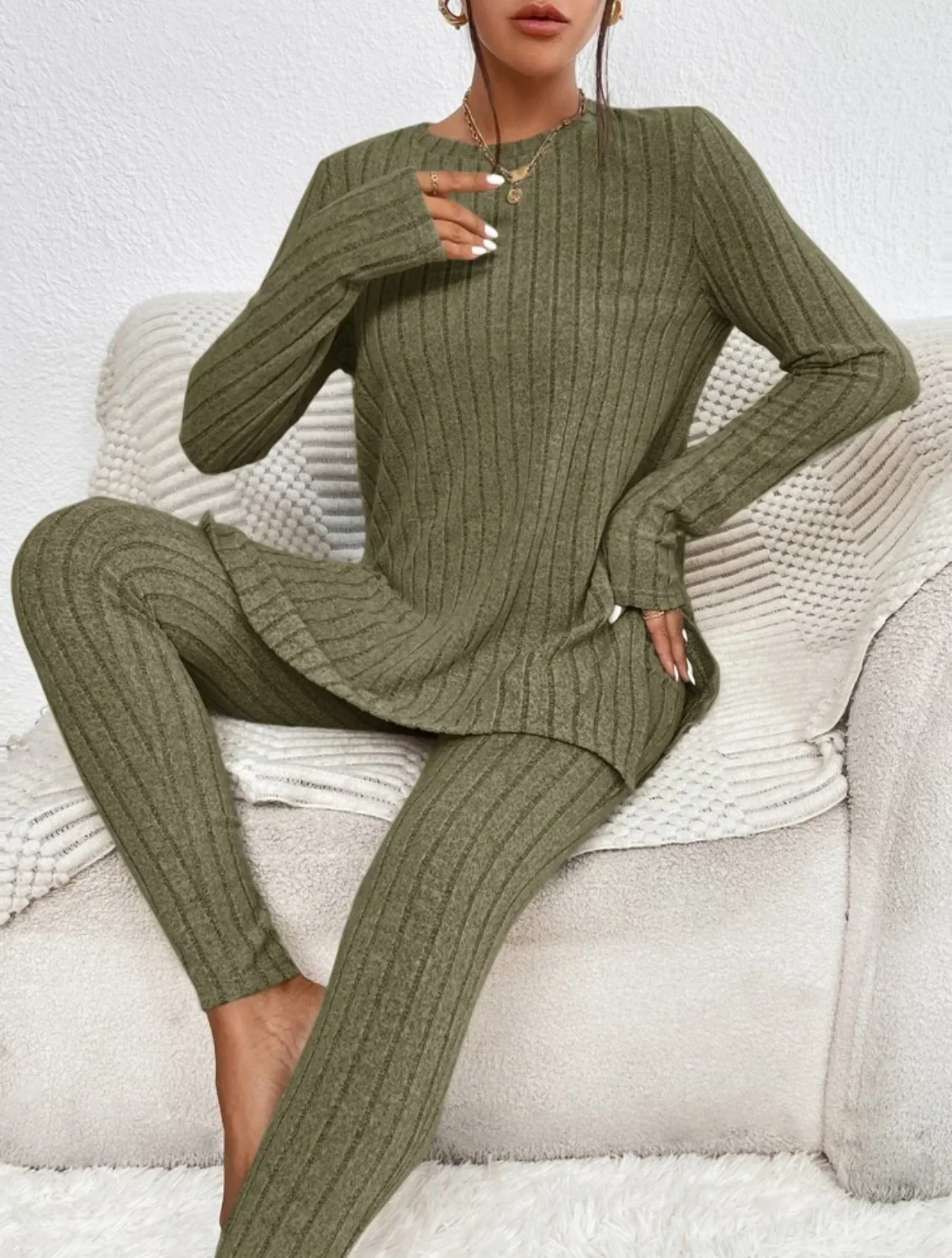 Women Pant Sets Two Piece Long Sleeve O Neck Matching Sets Pants Pullovers Casual Elastic Waist Pencil Pants Striped Tracksuit