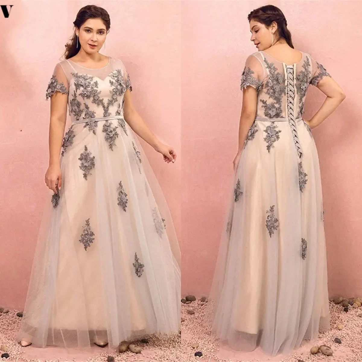 

Evening Dresses Champagne Appliques Pearls Robe De Soiree O-neck Short Sleeves Lace up A-line Plus size Women Party Formal Gown