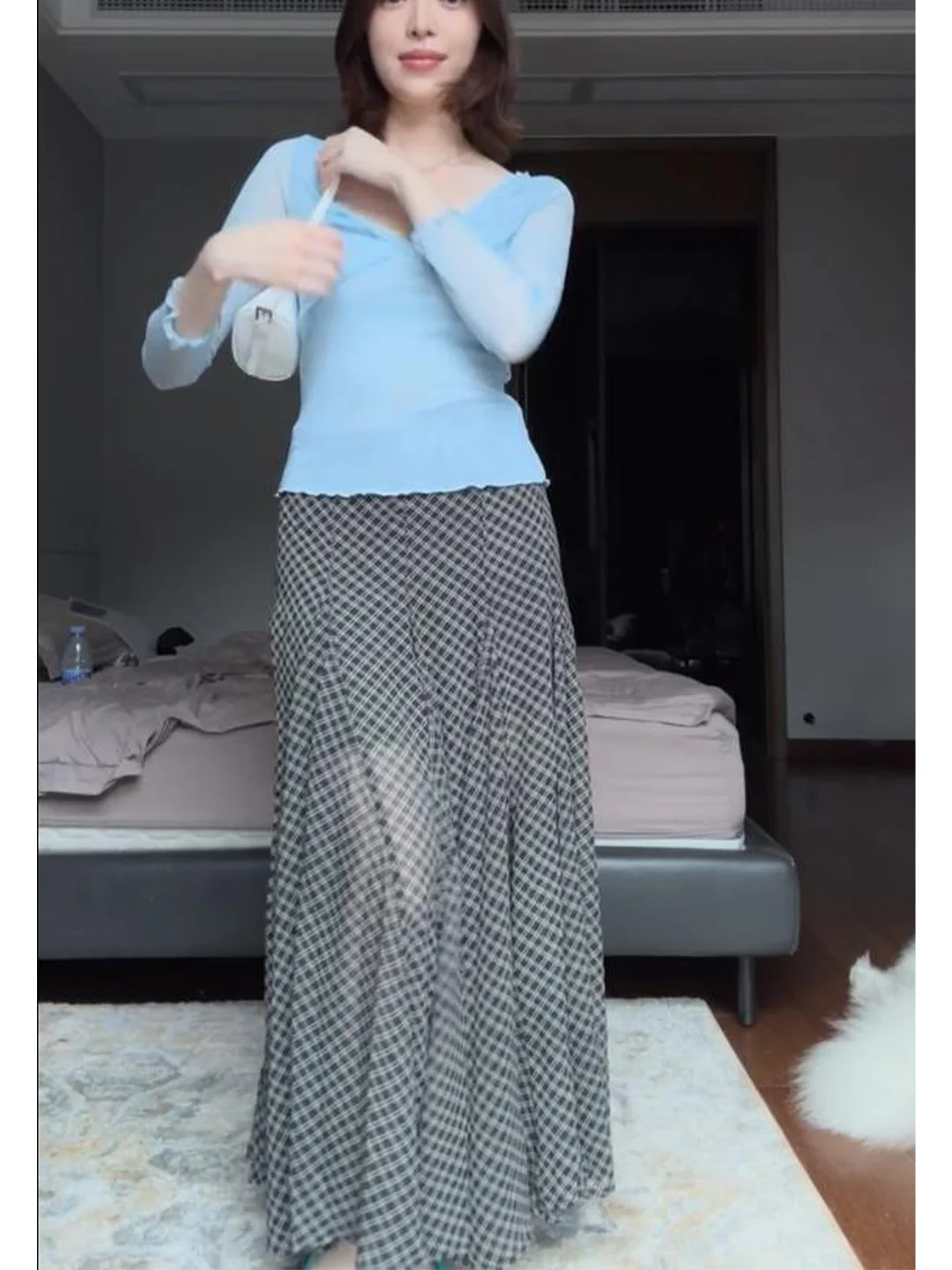 Casual Mid-Waist A-Line Skirt Women's Chiffon Plaid Half Skirt Loose Fit Versatile Structure Insertion Long Skirt