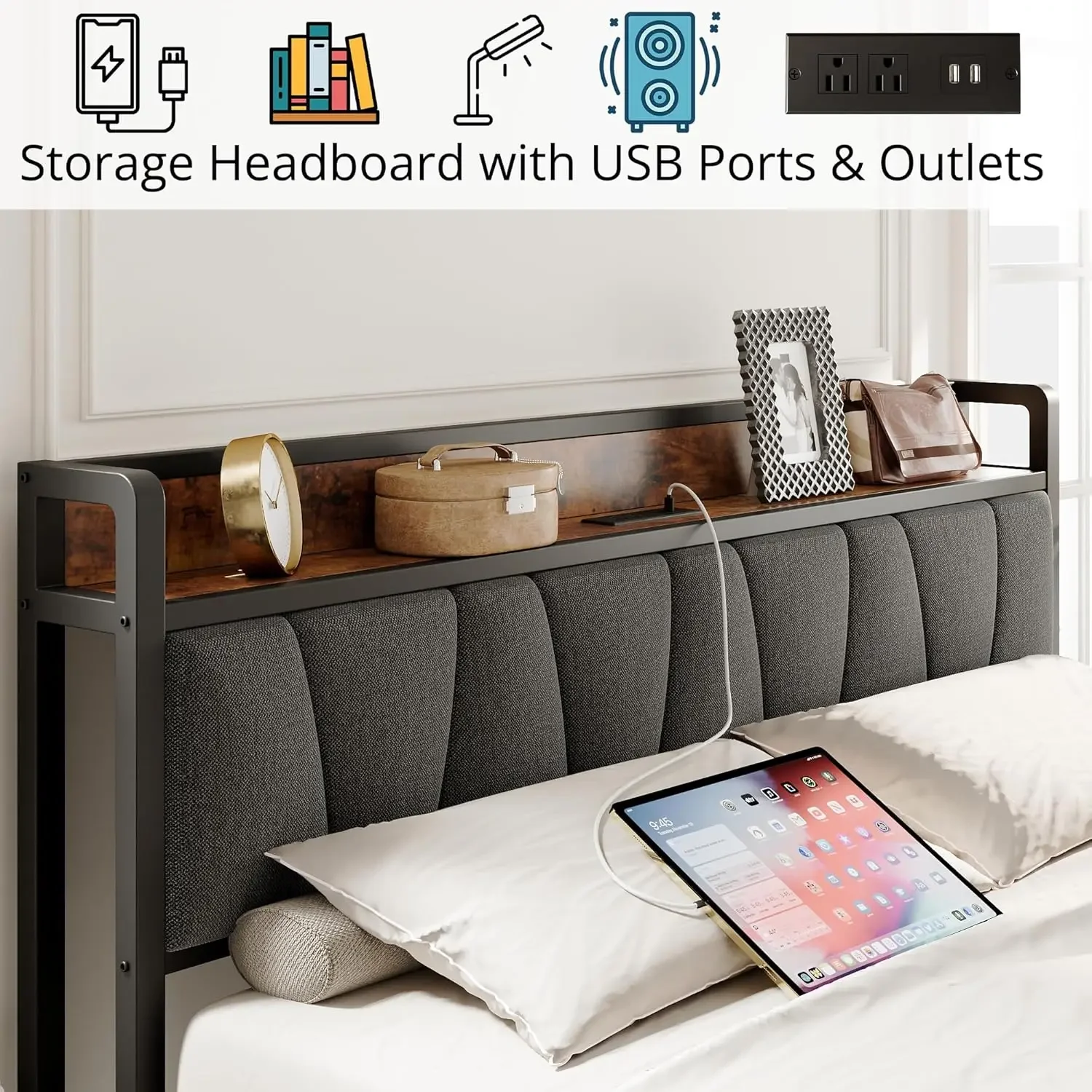 Storage Headboard with Charging Station, Solid and Stable, Noise Free, No Box Spring Needed, Easy Assembly