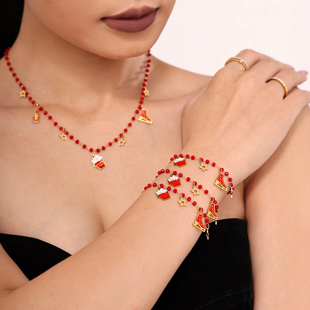 Star Beer Schlittschuh-Halsketten, Armbänder für Damen, 316L Edelstahl-Gliederkette, rote Granatperlen, Weihnachtsschmuck-Set, Geschenke – Detail 2