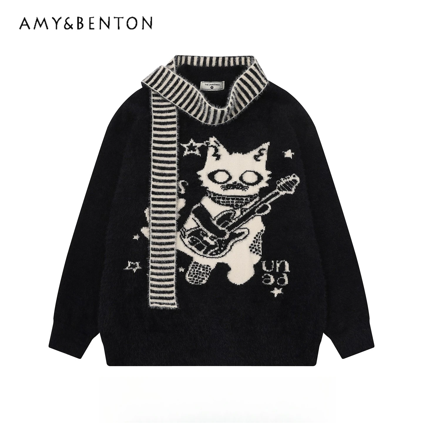 

Осень-зима 2022, новый забавный жаккардовый абрикосовый свитер с рисунком рок-кота, женский свободный повседневный черный трикотаж с шарфом