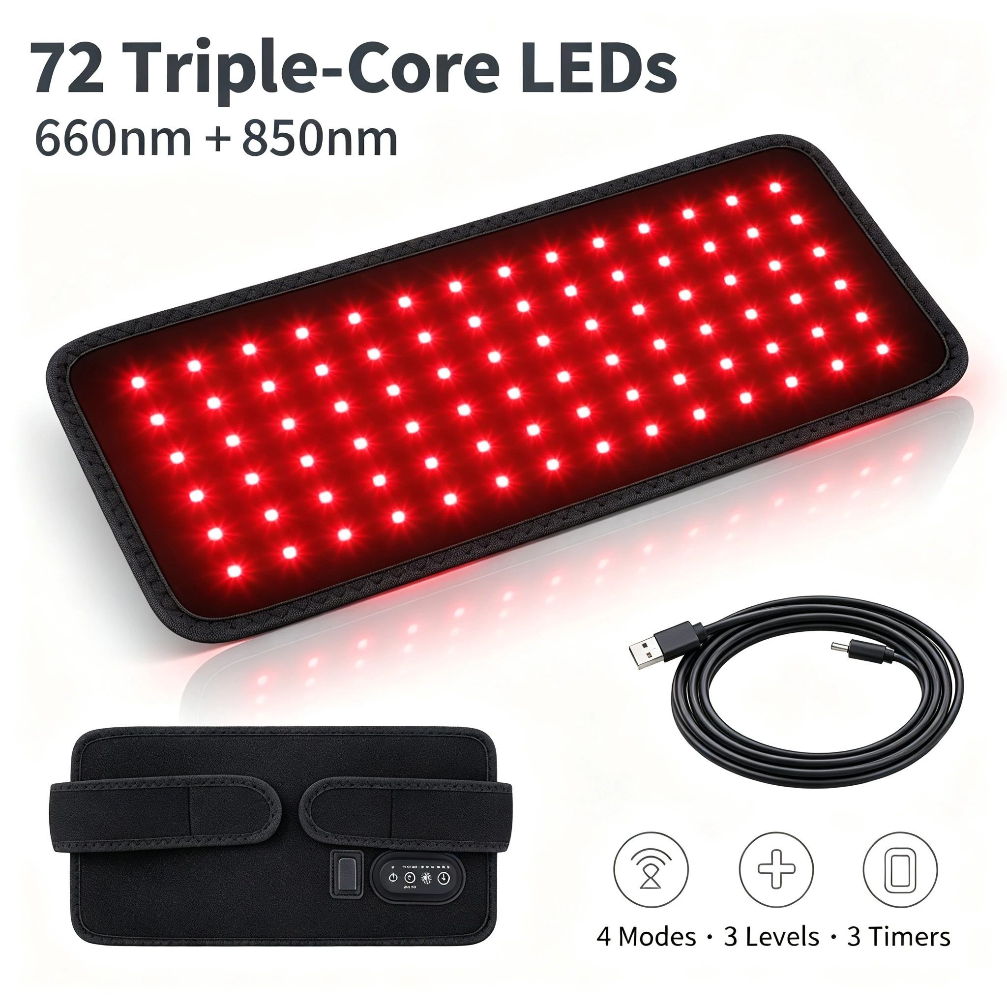 panneau-de-lumiere-rouge-660nm-et-infrarouge-850nm-72-led-a-3-puces-tapis-souple-a-4-modes-3-niveaux-d'intensite-minuteur-20-30-45-min-2-sangles-reglables-alimentation-usb-type-c-confort-a-domicile