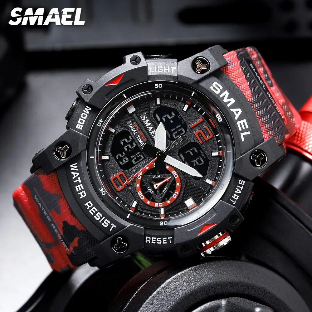 SMAEL Camouflage Red Strap Digital Watch for Men Waterproof Dual Time Display Quartz Wristwatch with Chronograph Date Week 8007