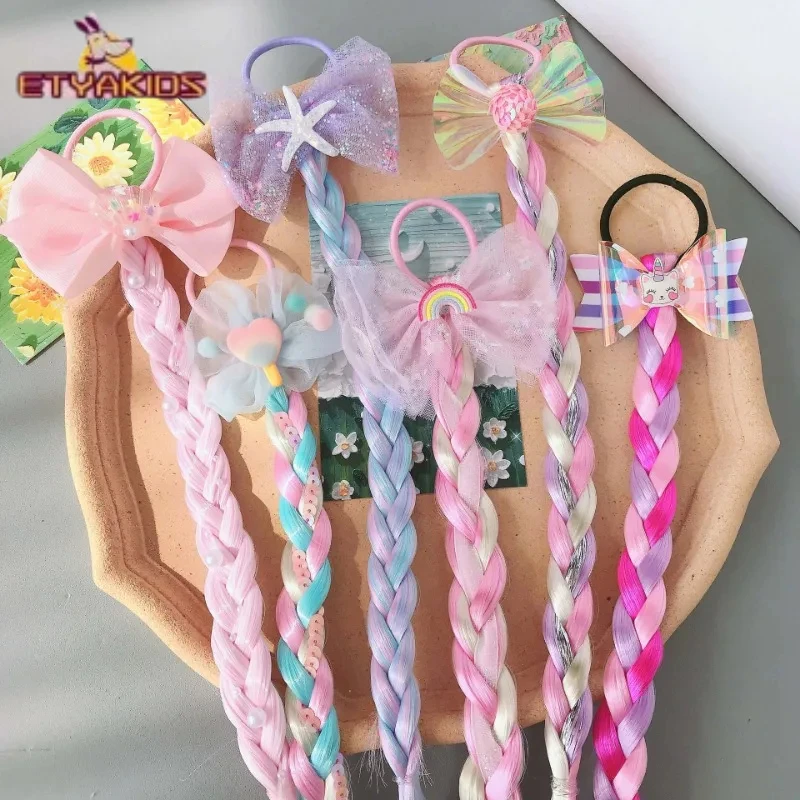 

Colorful Candy Wigs Ponytail for Kid Girl Princess Model Bow Hearband Children Hearwear Rubber Bands Birthday Gifts for Kids