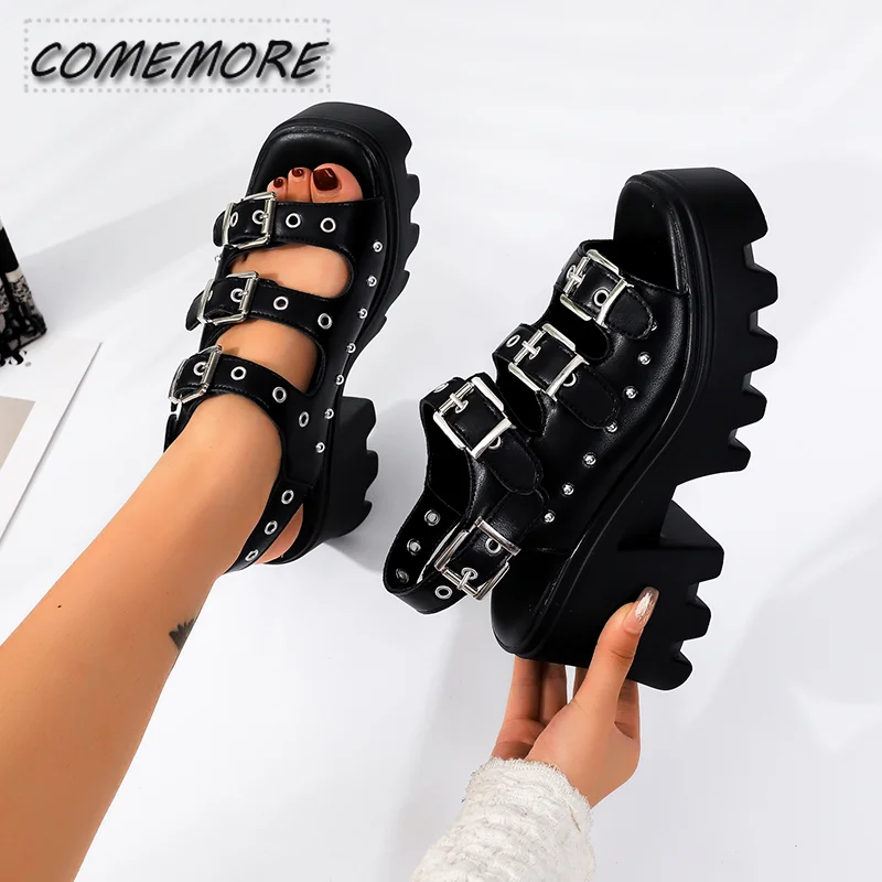 Women\'s Sandals with Heel Summer Punk Height Increasing Sandal Motorcycle Gothic Woman Shoes Leather Black Platform Gladiator PU