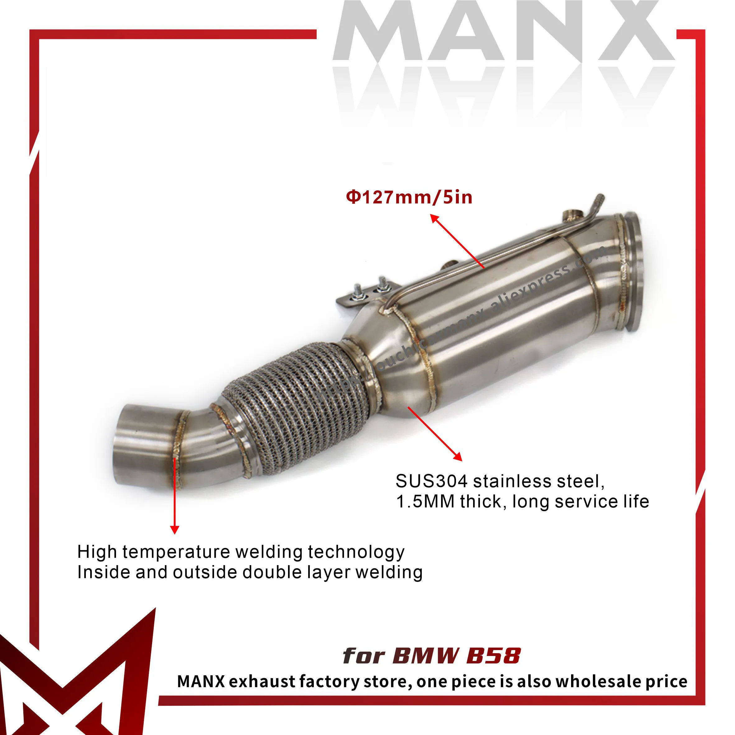 Downpipe Catless ad alte prestazioni per motore BMW B58 |   Tubo in acciaio inossidabile saldato TIG da 127 mm e 5". |   Guadagno di potenza per 340i/440i/Supra