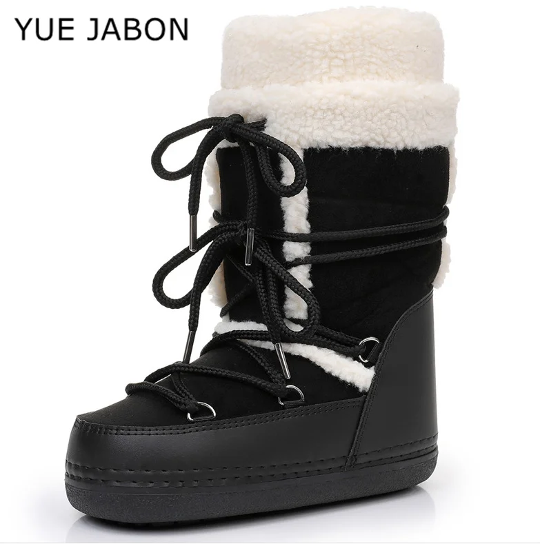 

Черные зимние пушистые женские зимние ботинки, розовые уличные хлопковые ботинки из искусственного меха, водонепроницаемая обувь на платформе до середины икры, женские лыжные ботинки