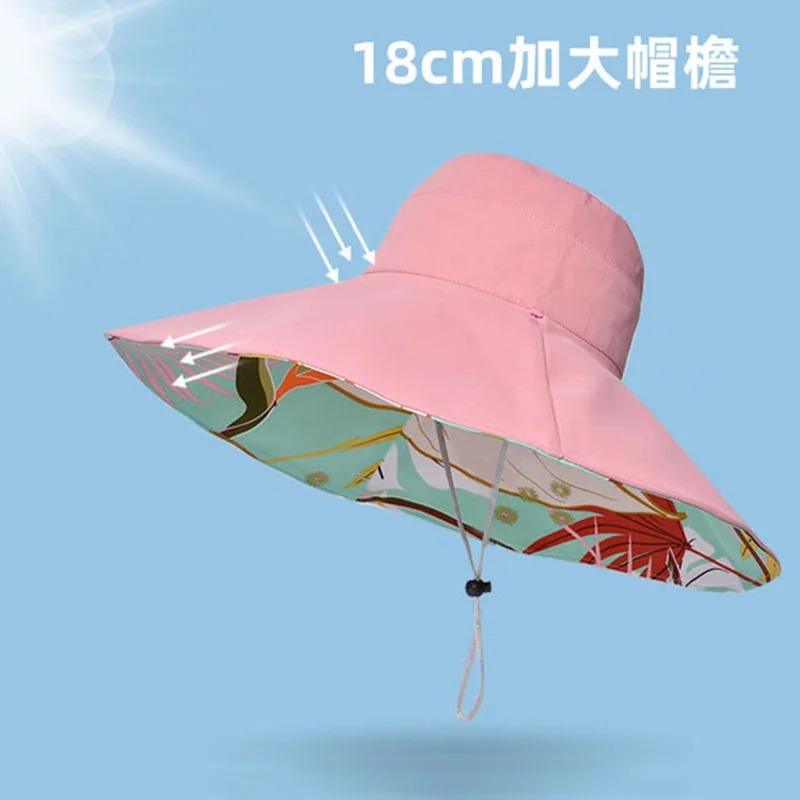 2024 18cm Large Brim Hat Women Summer UV Protection Sun Hat Reversible Wear Fashion Bucket Hat Female Outdoor Leisure Travel Hat