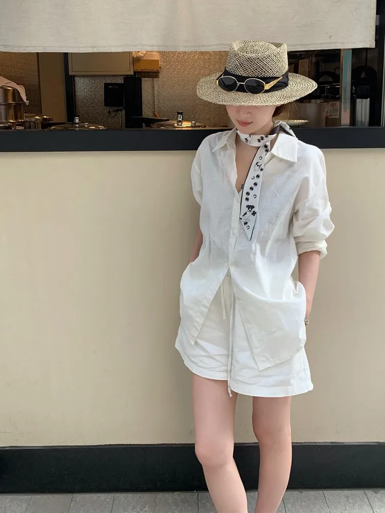 Women Summer Cool Thin Linen Shirt Sets Turndown Collar Long Sleeve Single Breasted Top Outfits Drawstring Shorts Two-Piece Set