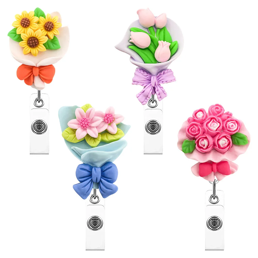 Bouquet Nurse Doctor Badge Reel Retractable ID Badge Holder 360 Rotating Alligator Clip School Office Hospital Supplies Keychain