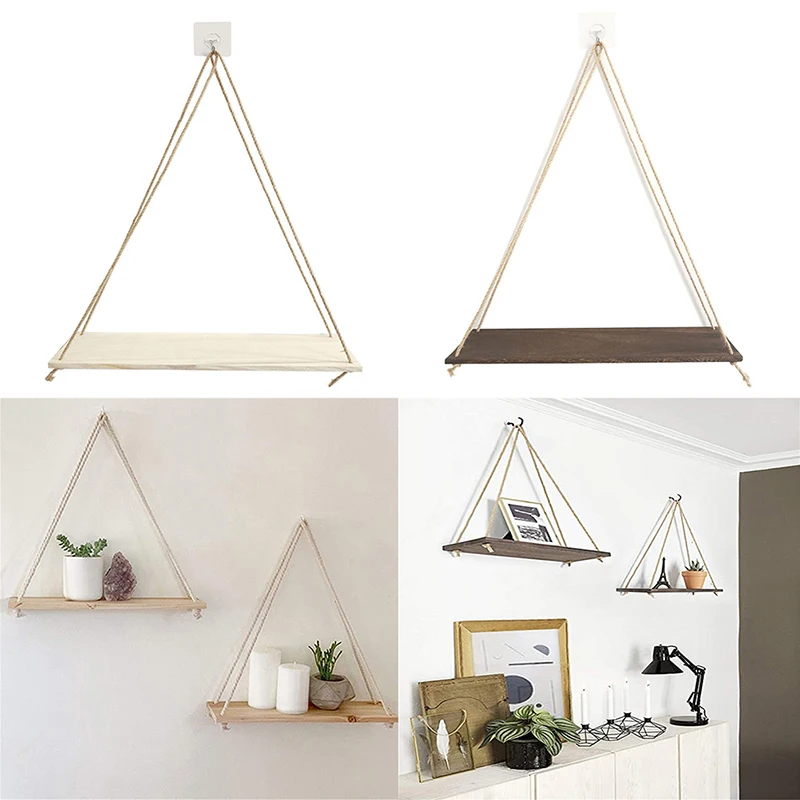 Wooden Rope Swing Hanging Plant Flower Pot Tray Wall Mounted Floating Shelves Nordic Simple Design Home Decoration