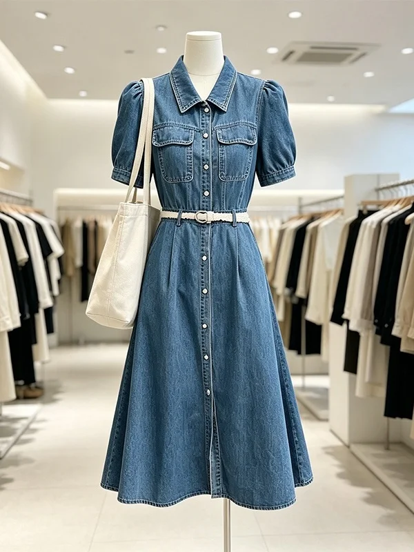 

Large Size Retro Style Button-Up Denim Dress Women's Summer New Arrival High Waist H-Shape Korean Style Commute Dress