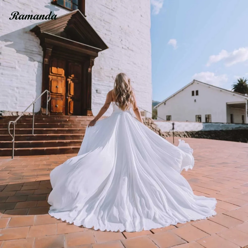 Ramanda Detachable Puff Sleeve Wedding Dress Elegant Backless High Slit Bride Dresses Bow Sweetheart Princess Vestido Noiva