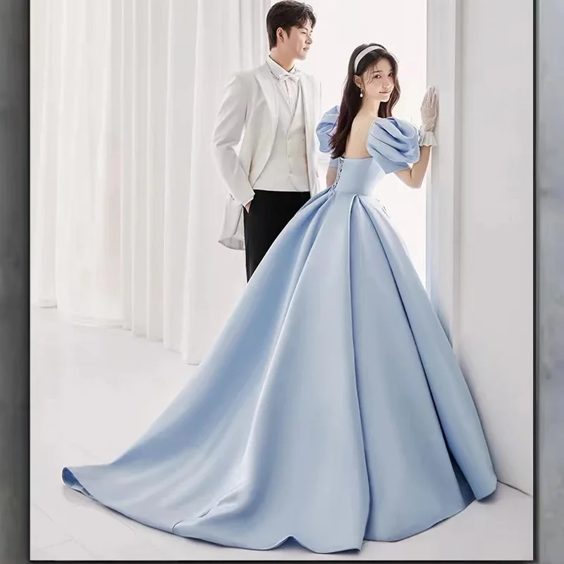 Customized Blue Ball Gown Dress With Princess Puff Sleeve Simple Satin Bridal Dress Elegant Floor-length Birthday Party Dress