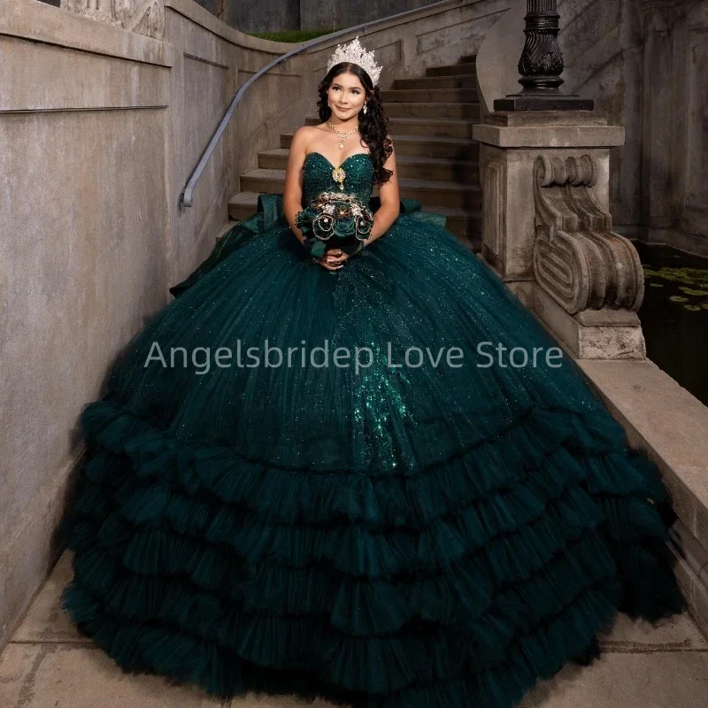 

ANGELSBRIDEP Luxury Blackish Green Ball Gown Quinceanera Dresses With Glitter Tulle Evening Party Dress Vestido De 15 Años