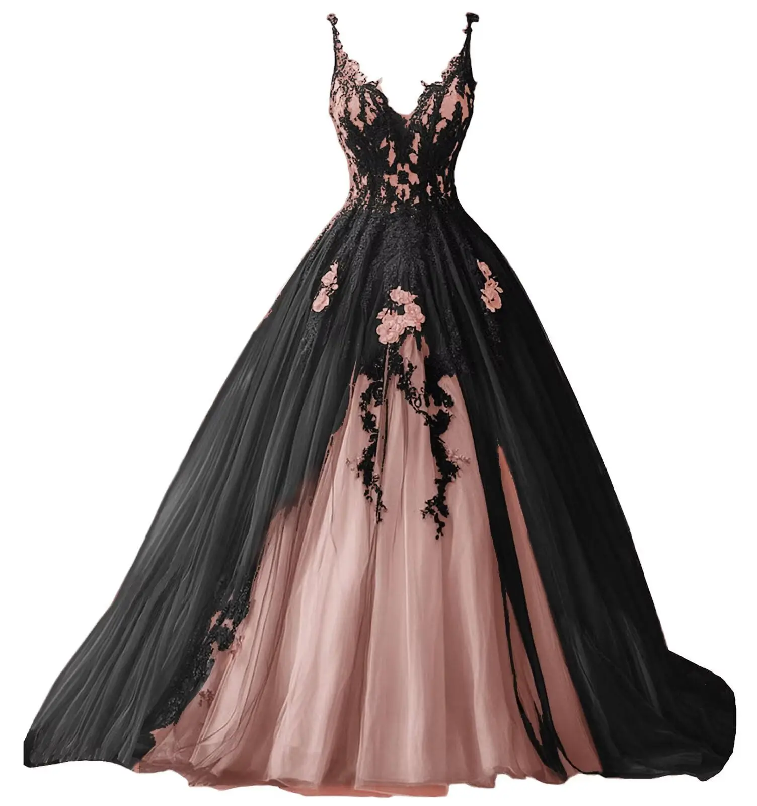 

KIVARY Spaghetti Straps Wedding Dresses for Bride Layered Tulle Gothic Black Bridal Gowns Lace Applique Wedding Gowns