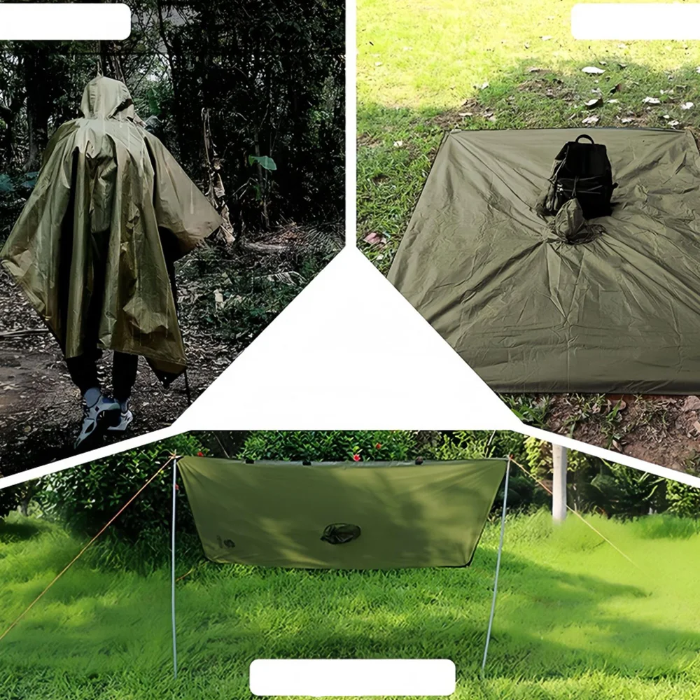 

3-in-1 Military Rain Poncho - Waterproof Hooded Raincoat for Camping Hiking Motorcycle Travel Outdoor Shelter Rainwear Tent
