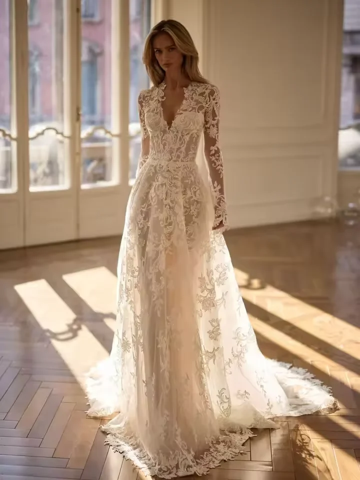Customized Charming A-line Tulle Lace Appliques Wedding Dress Graceful V-neck Long Sleeve Bridal Gown   Dresses For Bride