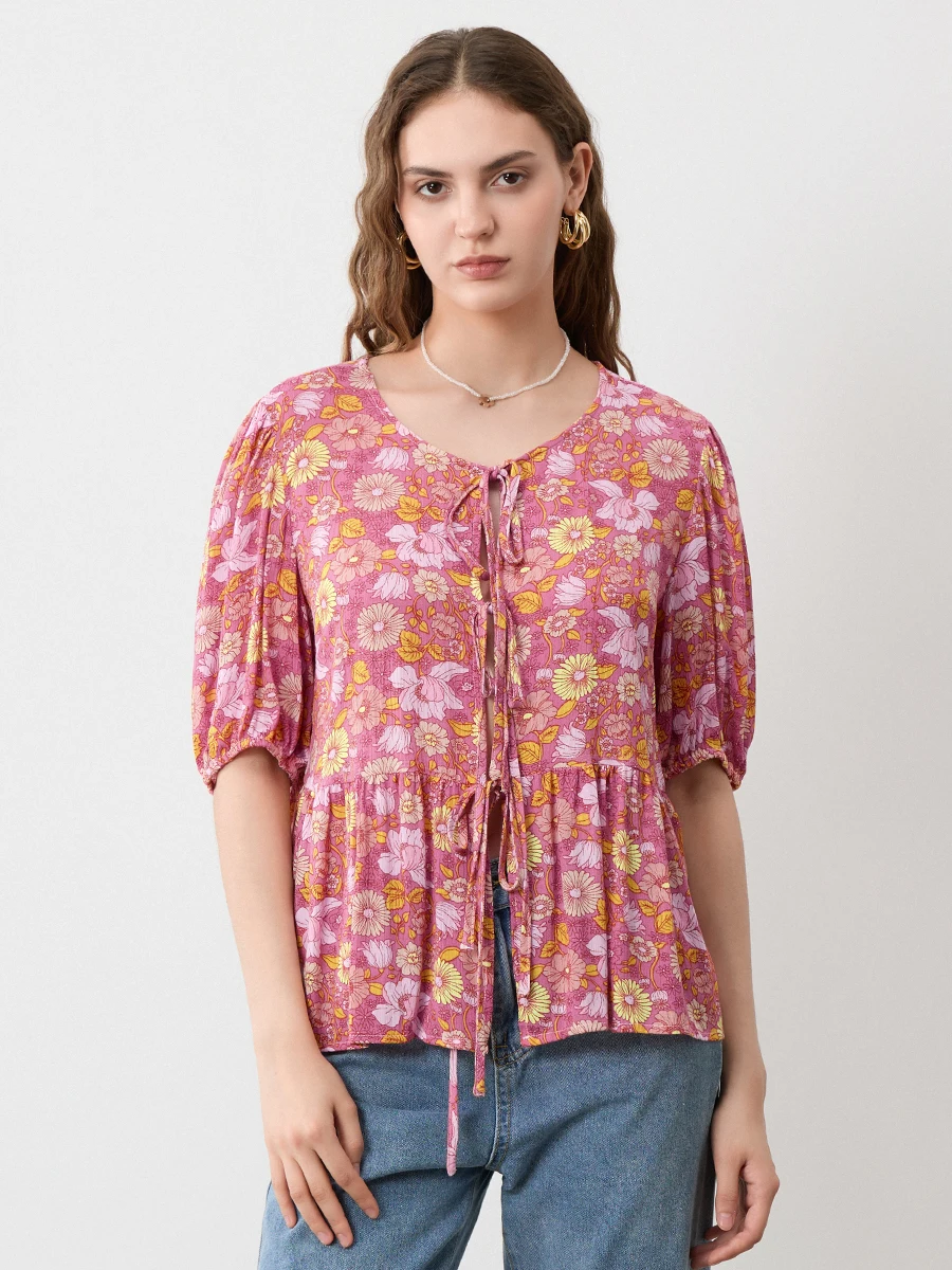 Blusa holgada de manga corta con estampado Floral para mujer, Top con dobladillo y volantes, lazo frontal abierto, Verano