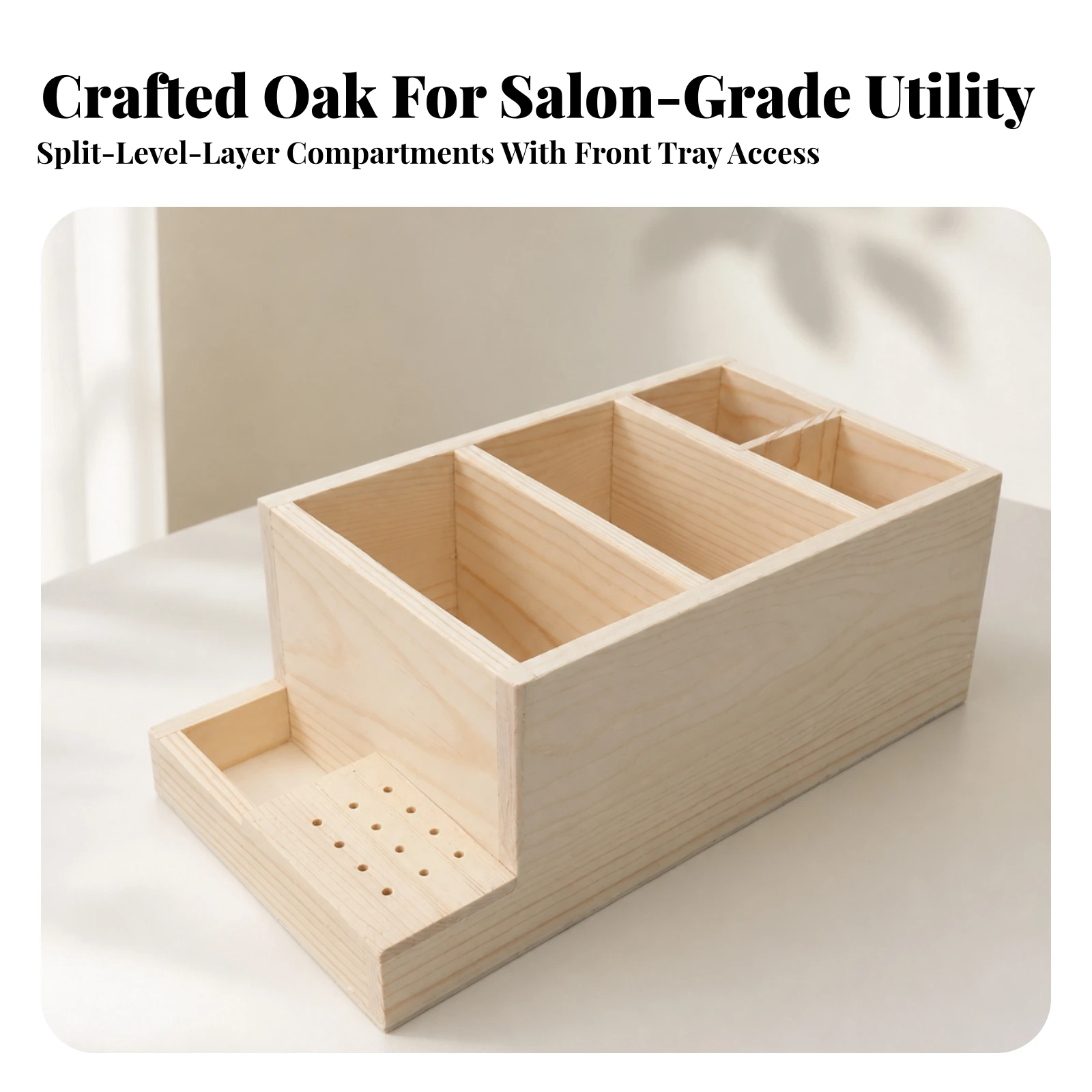 Solid Wood Nail Drill Organizer Natural Finish Two-Level Manicure Tool Box Manicure Organizer with Front Tray Compartmentalized